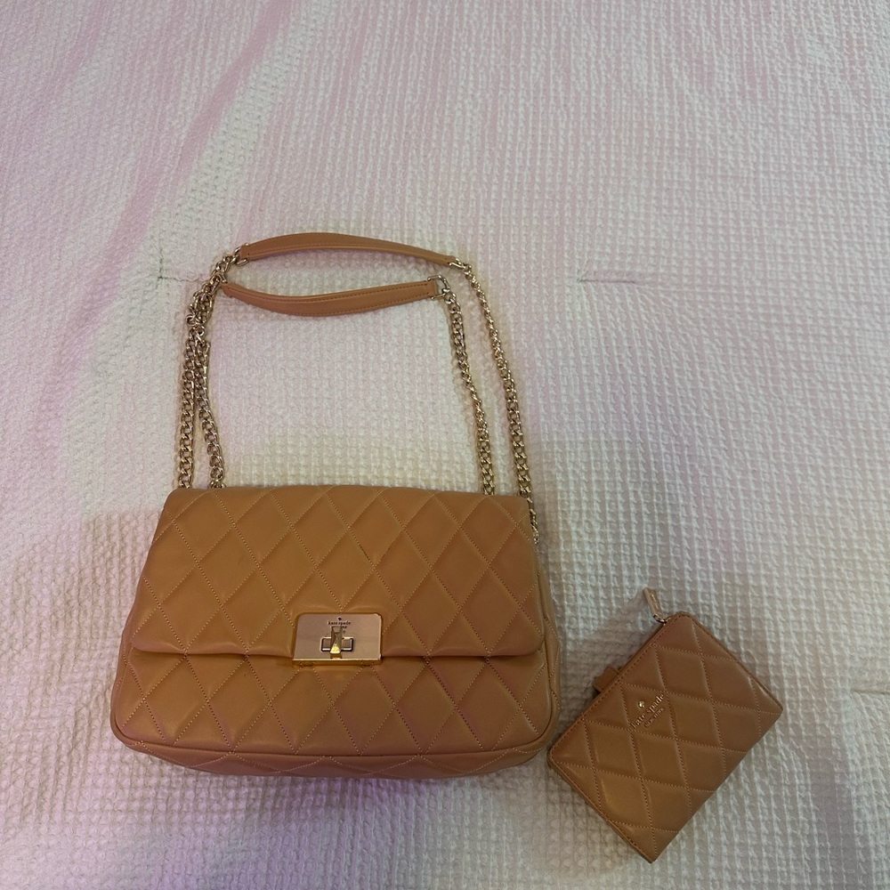 Kate Spade Tan Quilted Shoulder Bag with Gold Chain and wallet